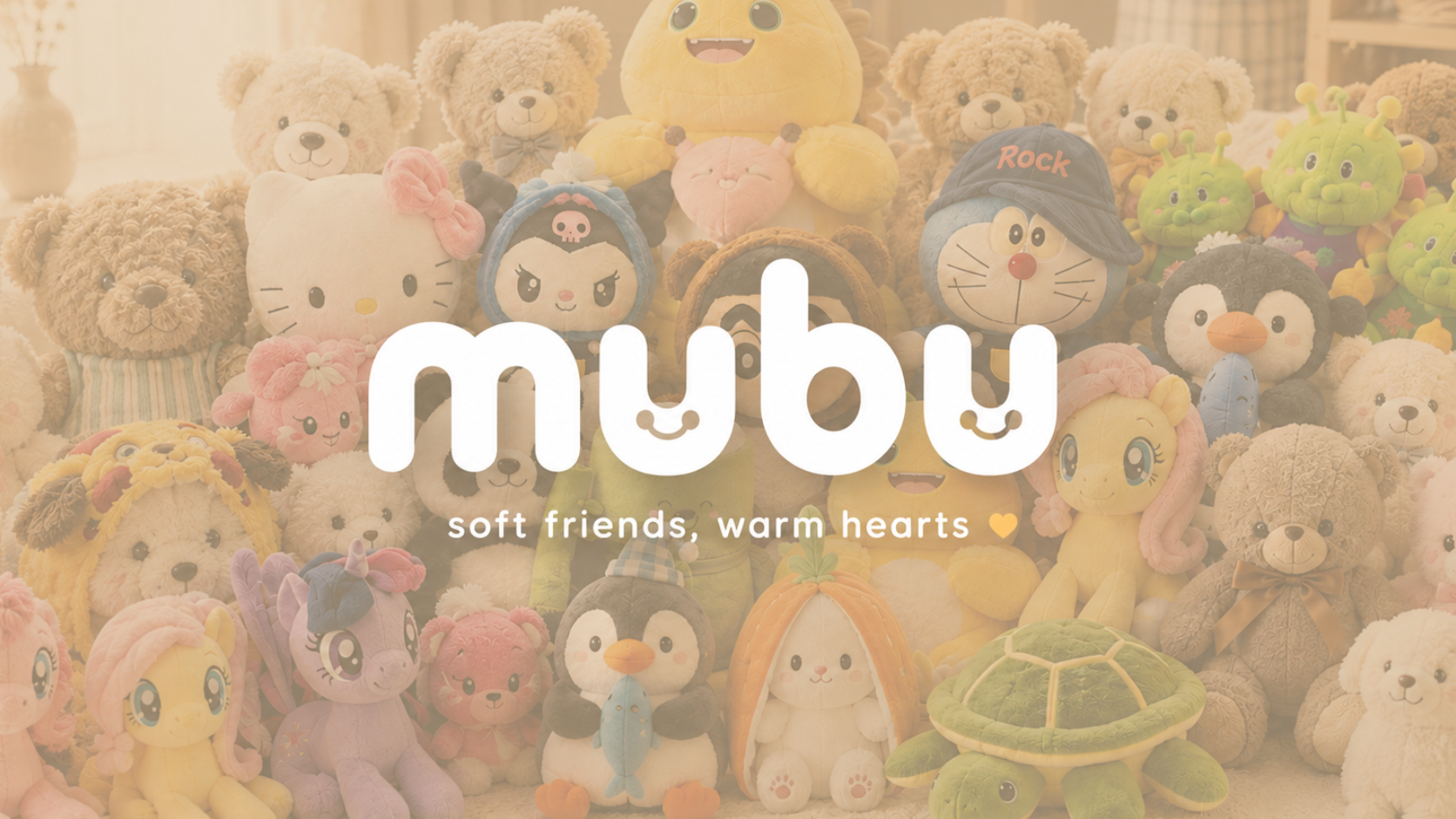A large collection of plush toys and stuffed animals arranged together, with a soft warm overlay and the text 'mubu' and 'soft friends, warm hearts' across the center.